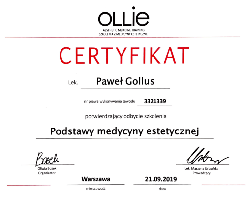 Paweł Gollus certyfikaty medycyna estetyczna 2021-01