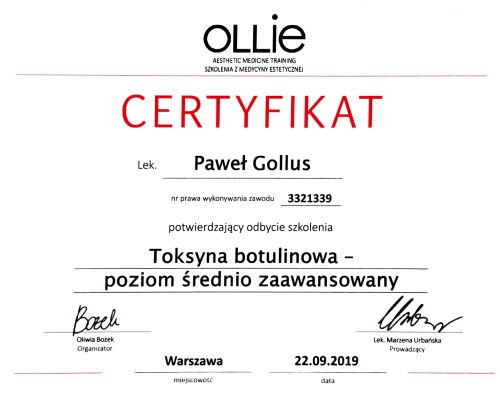 Paweł Gollus certyfikaty medycyna estetyczna 2021-02