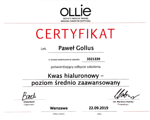 Paweł Gollus certyfikaty medycyna estetyczna 2021-03