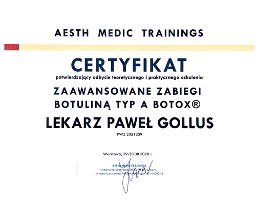 Paweł Gollus certyfikaty medycyna estetyczna 2021-04