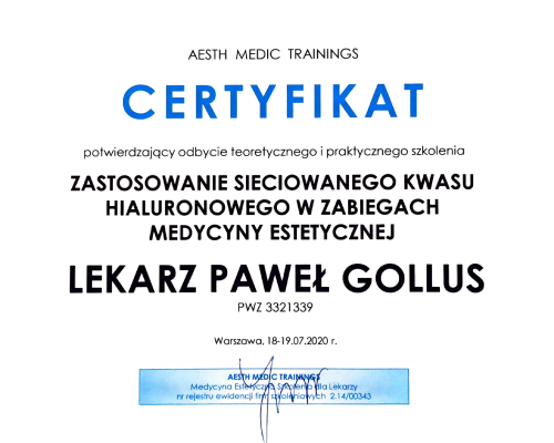 Paweł Gollus certyfikaty medycyna estetyczna 2021-06