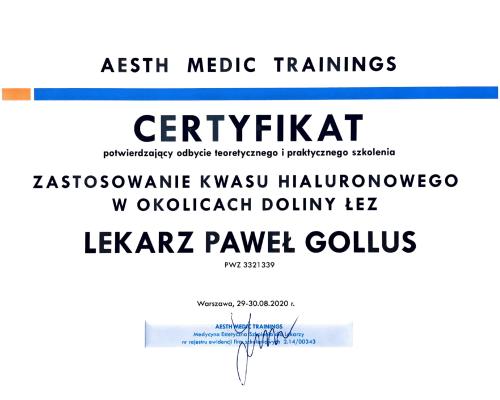 Paweł Gollus certyfikaty medycyna estetyczna 2021-07