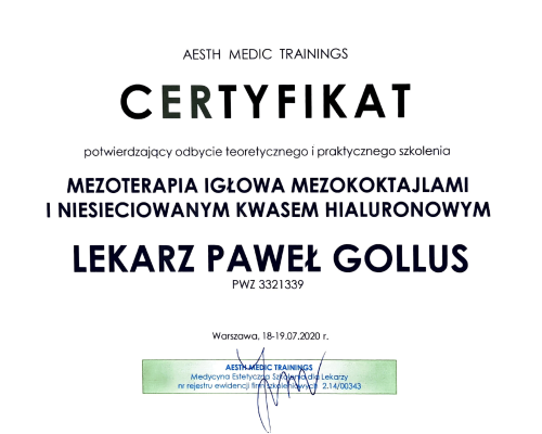 Paweł Gollus certyfikaty medycyna estetyczna 2021-08