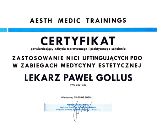Paweł Gollus certyfikaty medycyna estetyczna 2021-09