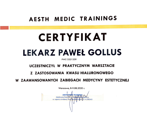 Paweł Gollus certyfikaty medycyna estetyczna 2021-11