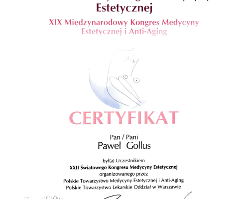 Paweł Gollus certyfikaty medycyna estetyczna 2021-12